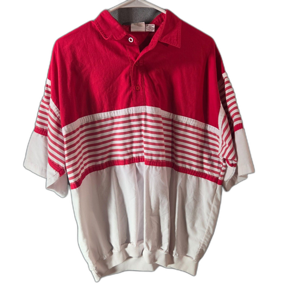 Windridge Men's L Vintage 80s Polo Shirt Red White Stripe Elastic Hem